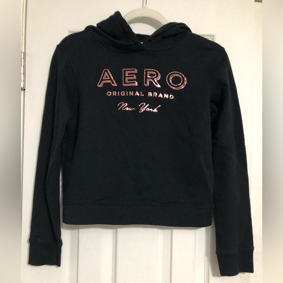 Tops - Aeropostale y2k‎ black pinkish gold logo hooded sweatshirt women’s Size XS teens